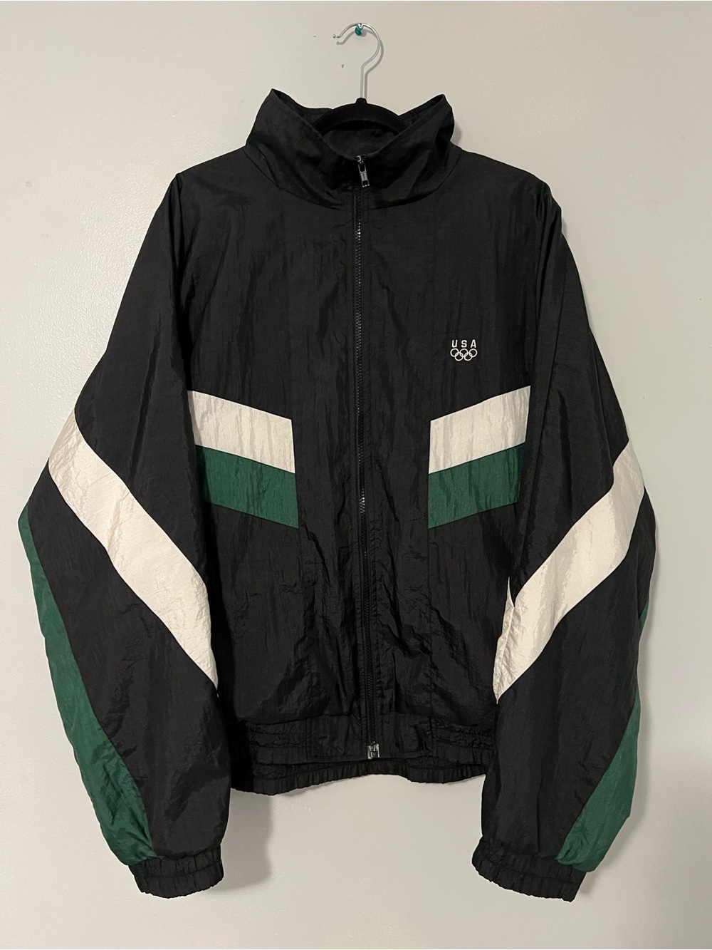 Vintage Olympics Black Windbreaker Jacket with Green & White Accents